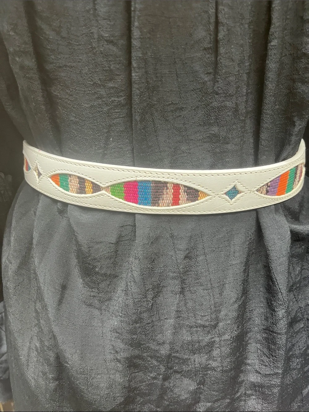 South Western White Leather Belt Tapestry Silver Buckle Size 30